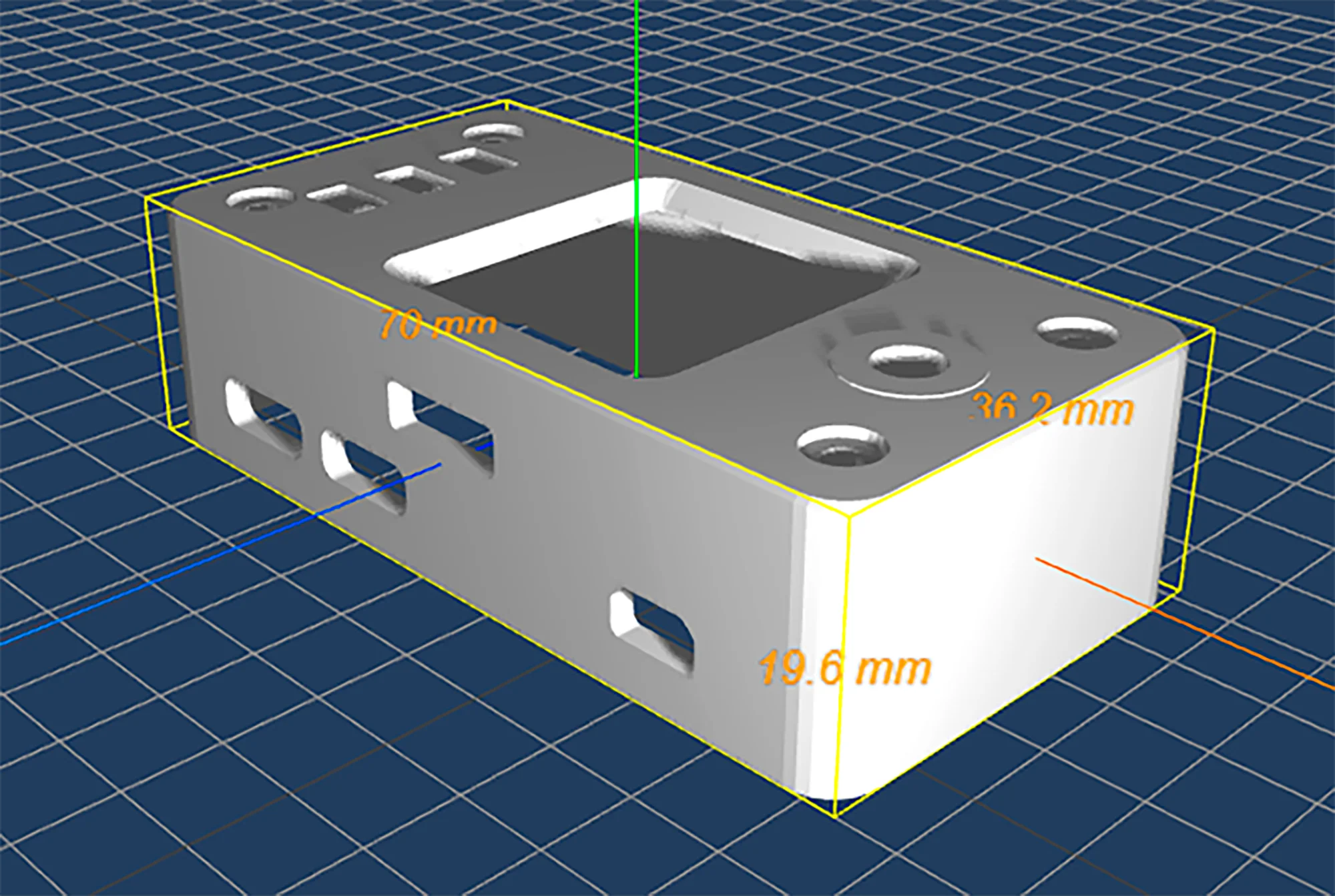 USBridge 3D enclosure model render displaying the mechanical layout for physical buttons and interface ports