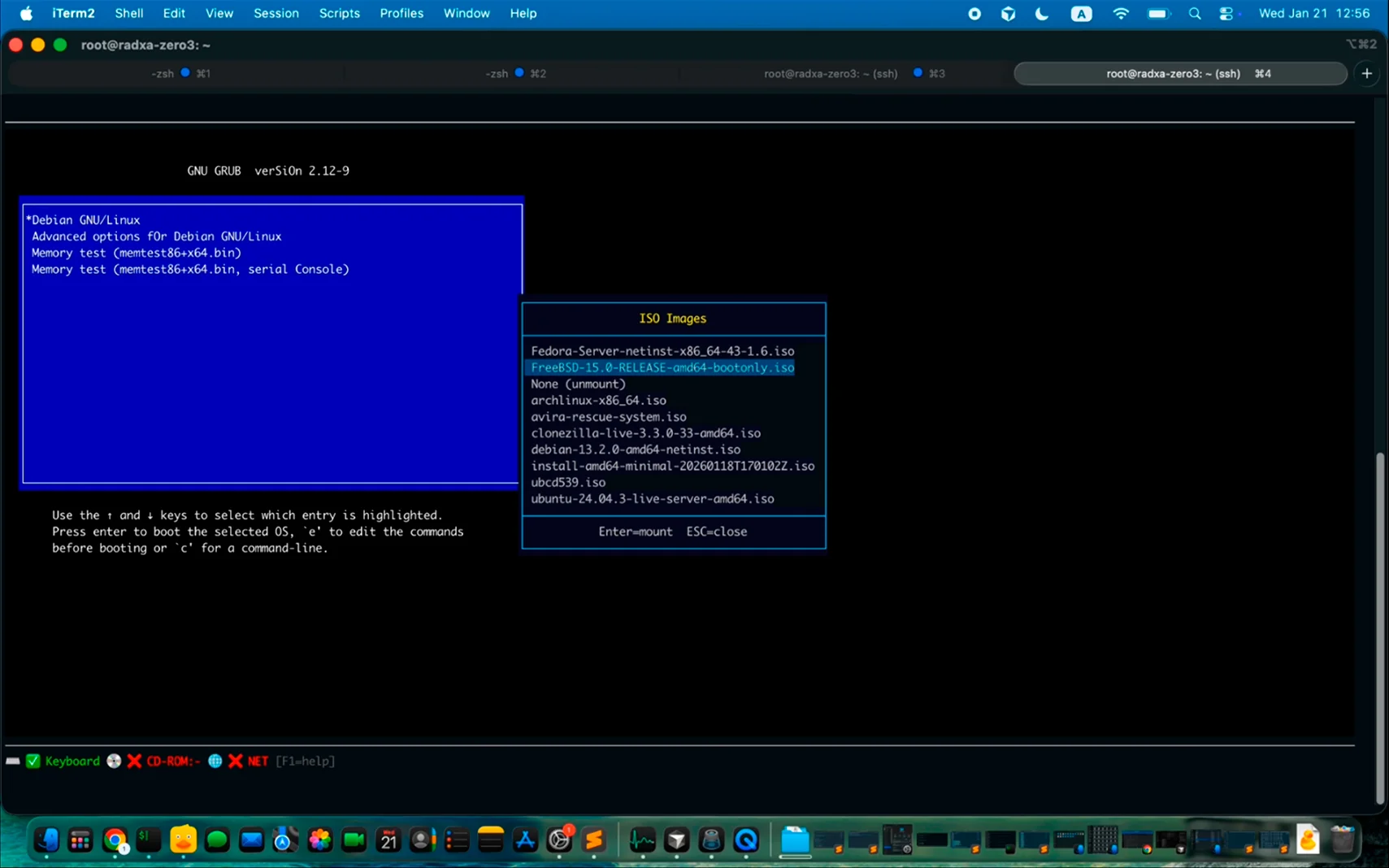 USBridge SSH terminal displaying a text-based Debian Linux console installer