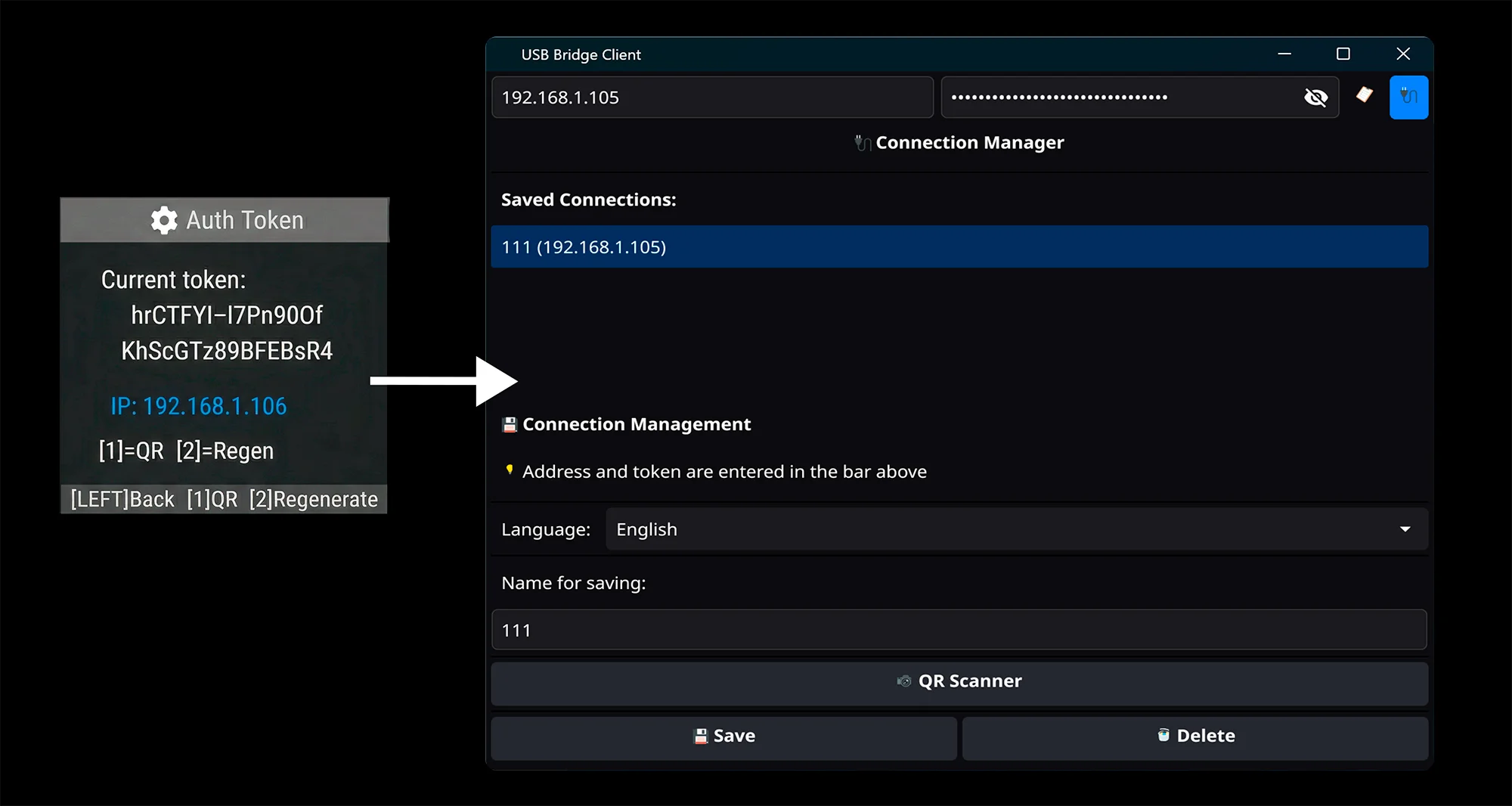 USBridge cross-platform client application interface displaying QR code scanning and manual IP authorization methods