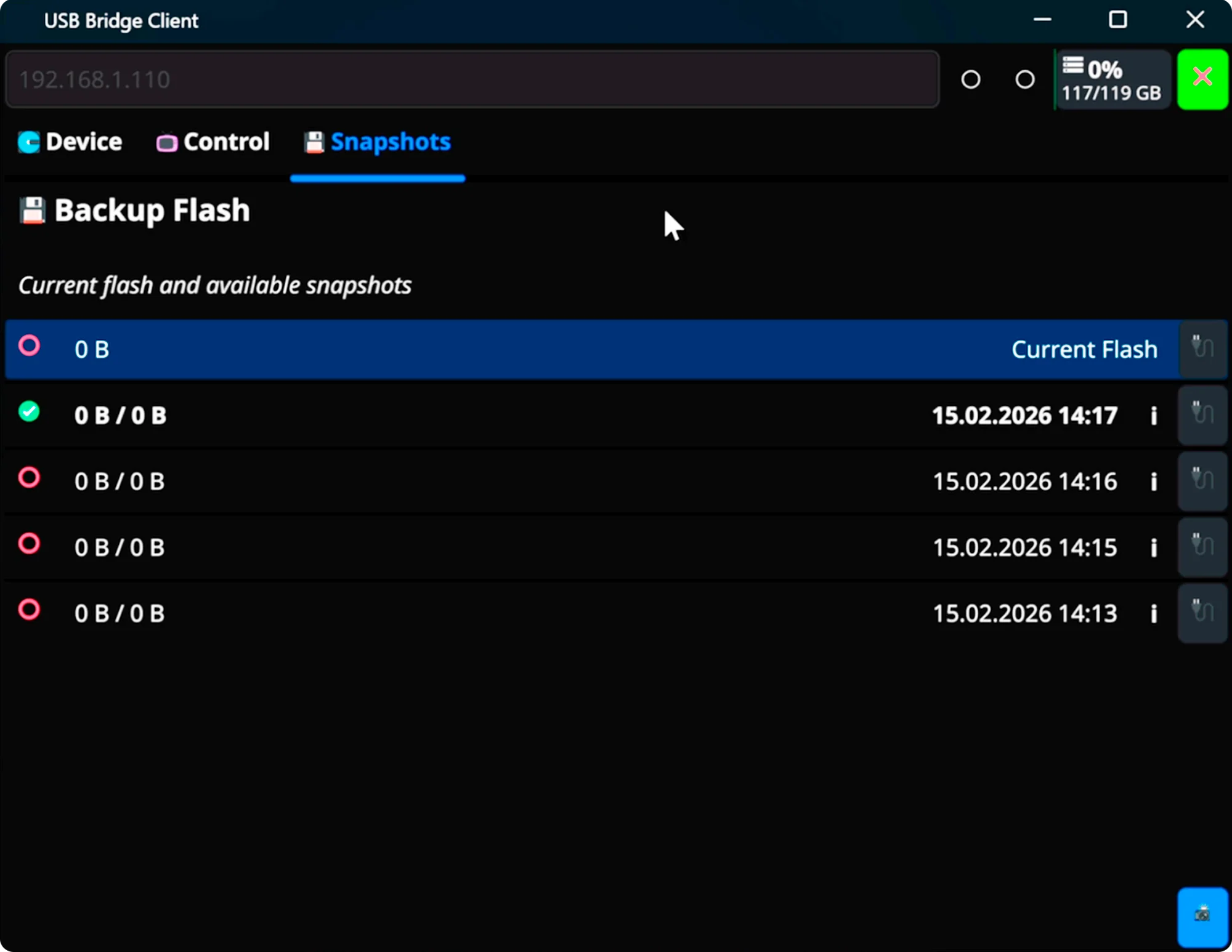 USBridge desktop application Snapshots tab detailing Btrfs storage utilization and immutable recovery points
