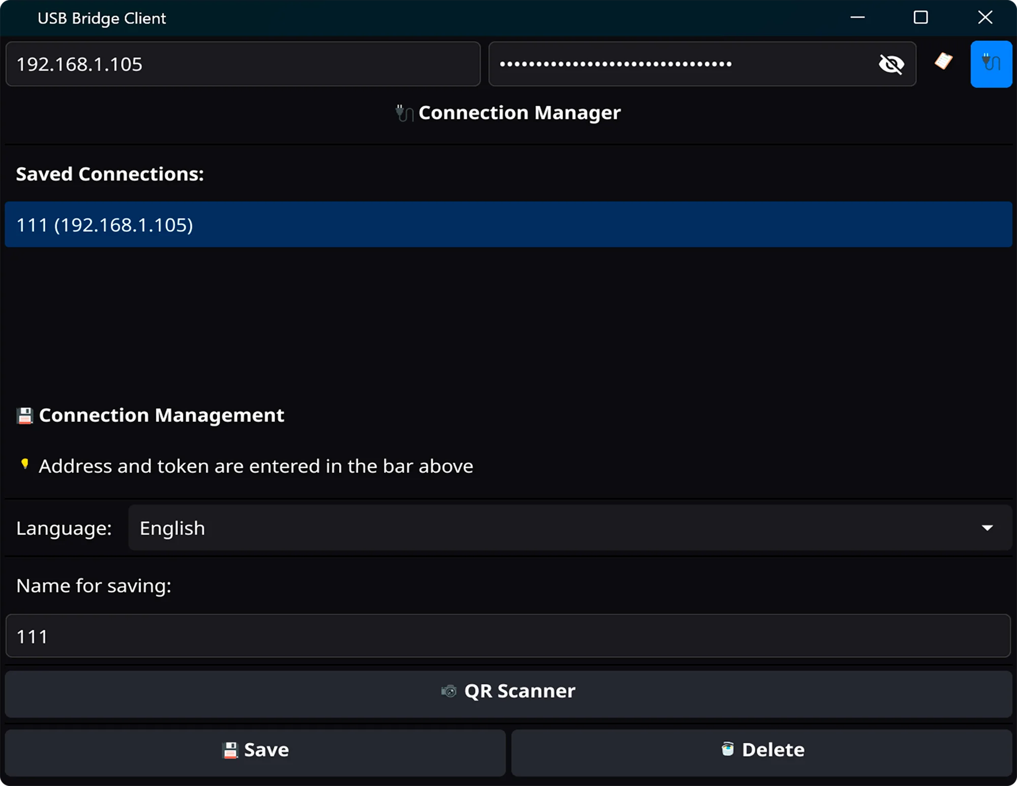 USBridge desktop client connection manager prompting for the target hardware IP address