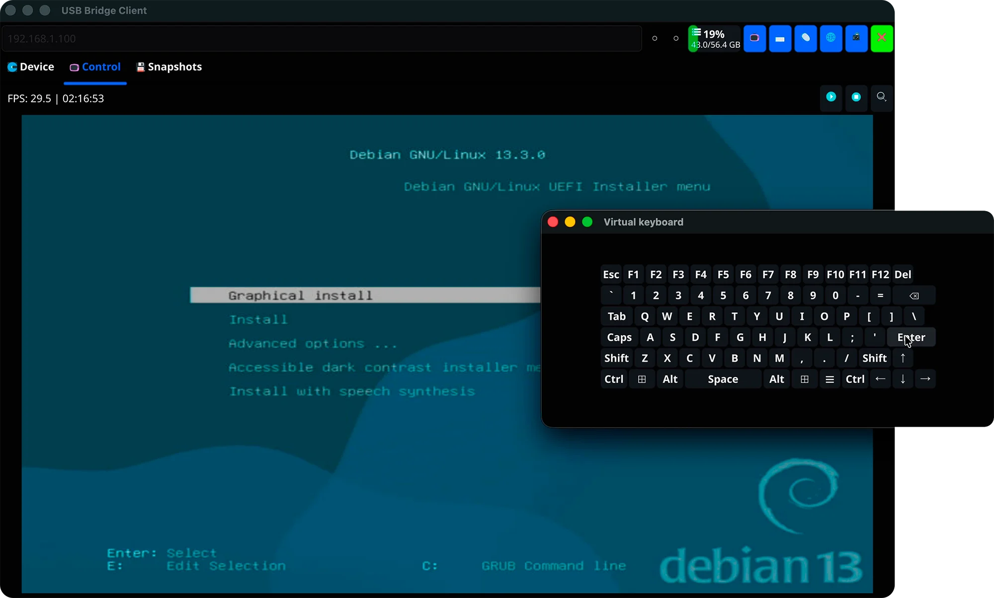 USBridge client application interface displaying virtual keyboard controls and clipboard paste-from-host functionality