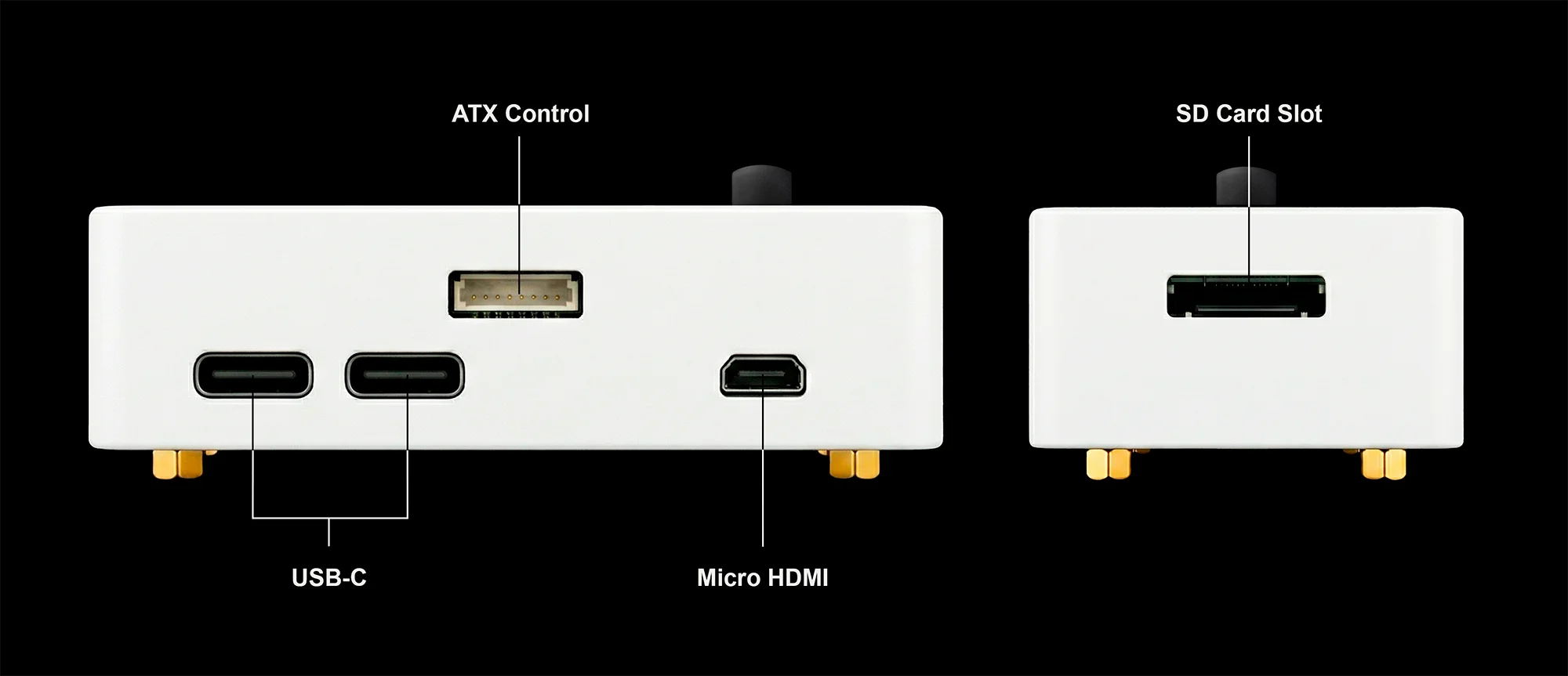 Detailed diagram of USBridge physical ports including USB-C, ATX GPIO, MicroSD, and micro HDMI interfaces