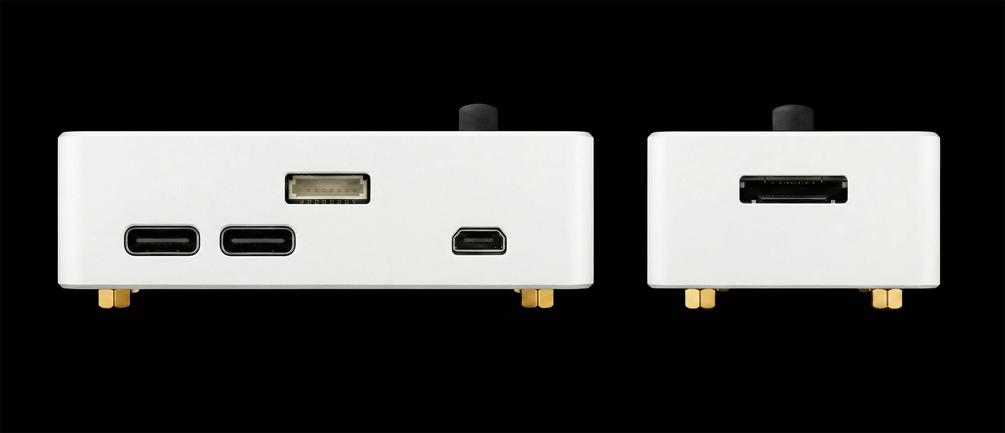 USBridge hardware KVM side panels displaying USB-C, Micro HDMI, 8-pin, and SD card ports