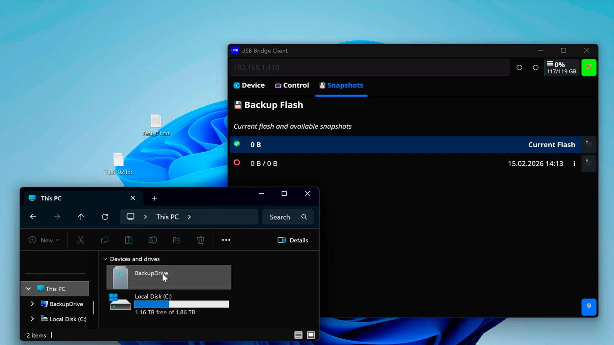USBridge client application interface displaying the Mount Drive controls for isolated snapshot storage
