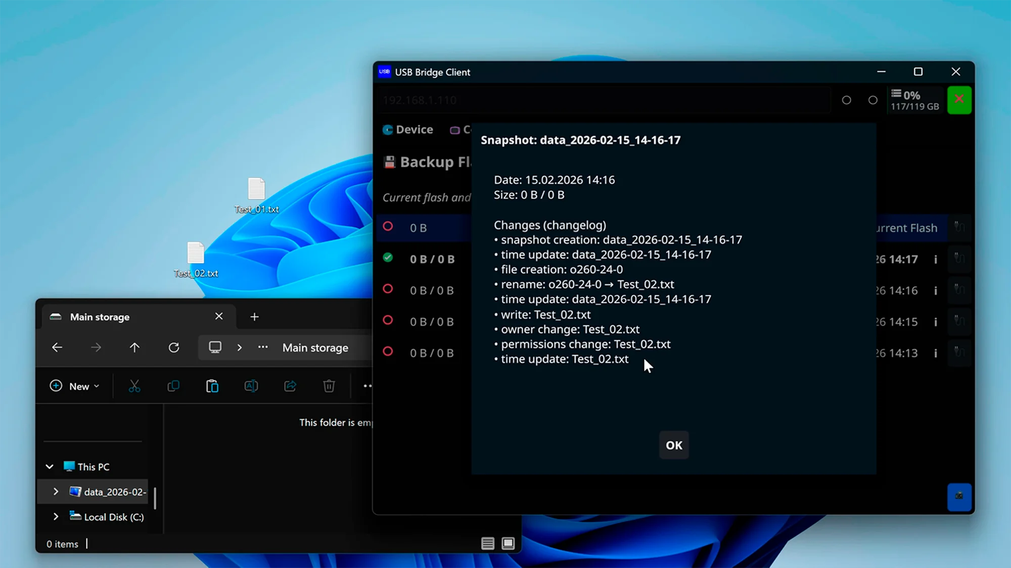 USBridge snapshot details panel revealing a comprehensive file-level diff and modification audit log