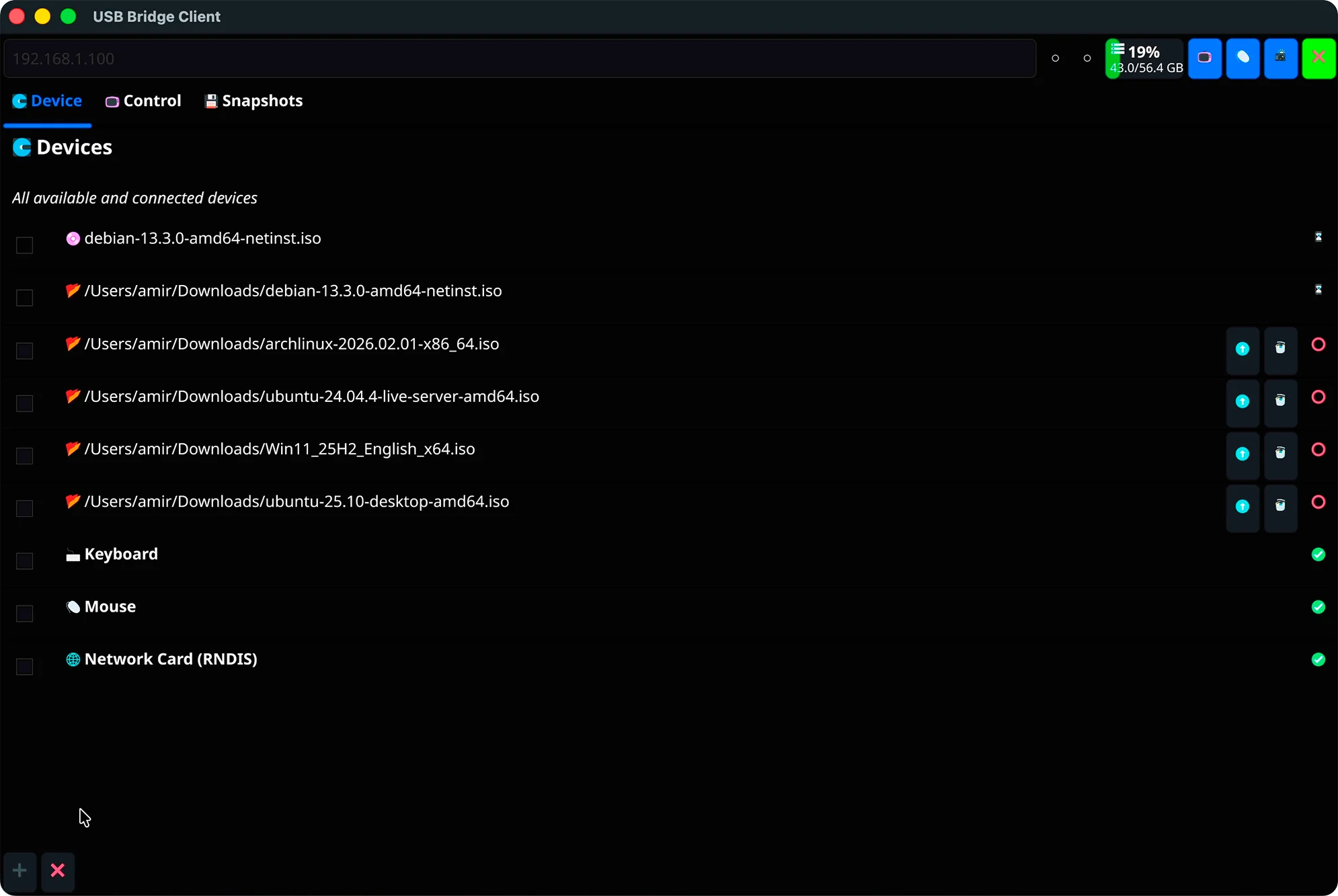 USBridge client interface demonstrating the successful enumeration and mounting of a remote ISO image