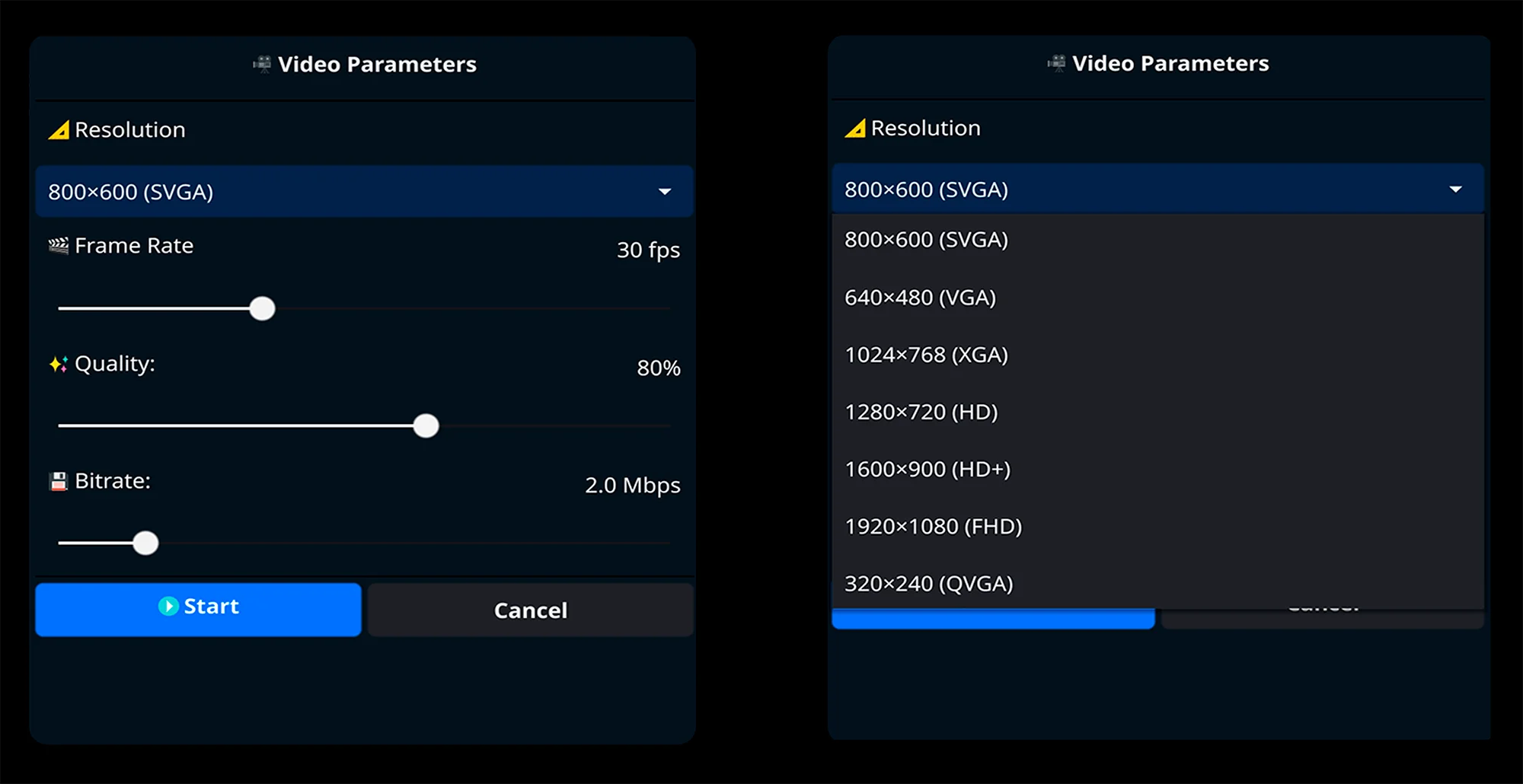 USBridge client application video parameters menu showing resolution, frame rate, quality, and bitrate settings