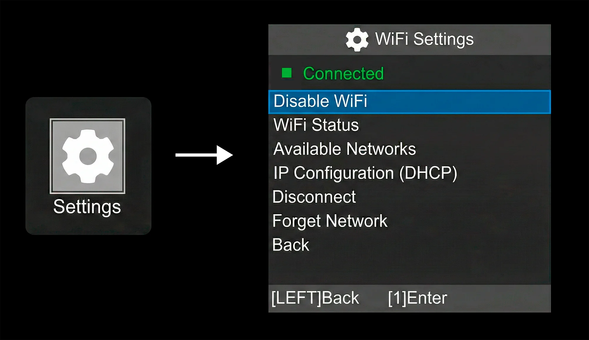 USBridge hardware KVM built-in LCD screen displaying the Wi-Fi network configuration menu