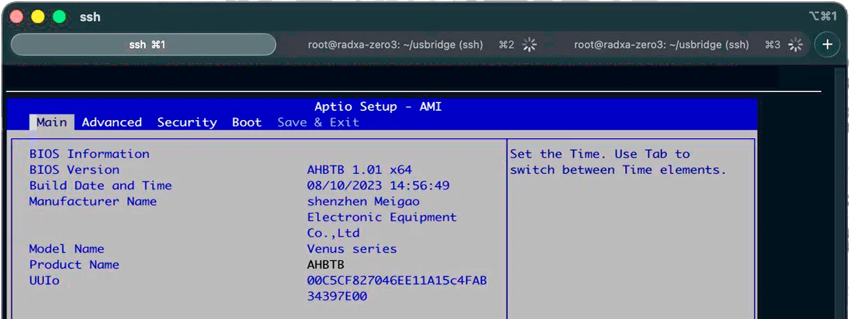 A screenshot of a terminal window showing a BIOS interface rendered as interactive text via SSH, demonstrating the low-latency BIOS-in-Terminal technology.