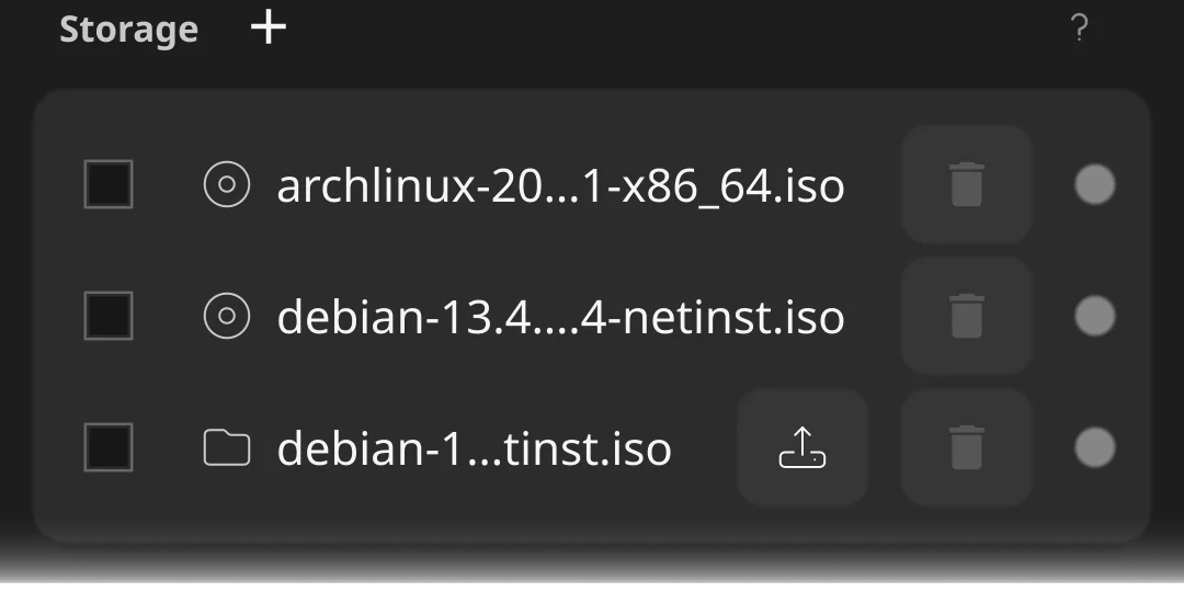 User interface for Virtual Drive Emulation showing a list of bootable ISO images like Arch Linux and Debian, ready for remote mounting via USBridge KVM 2.0.