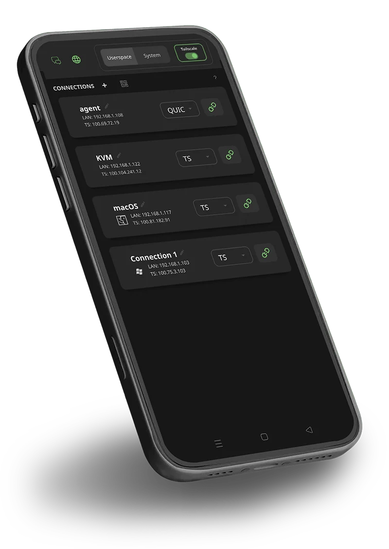 USBridge mobile interface showing remote host selection and instant session establishment.
