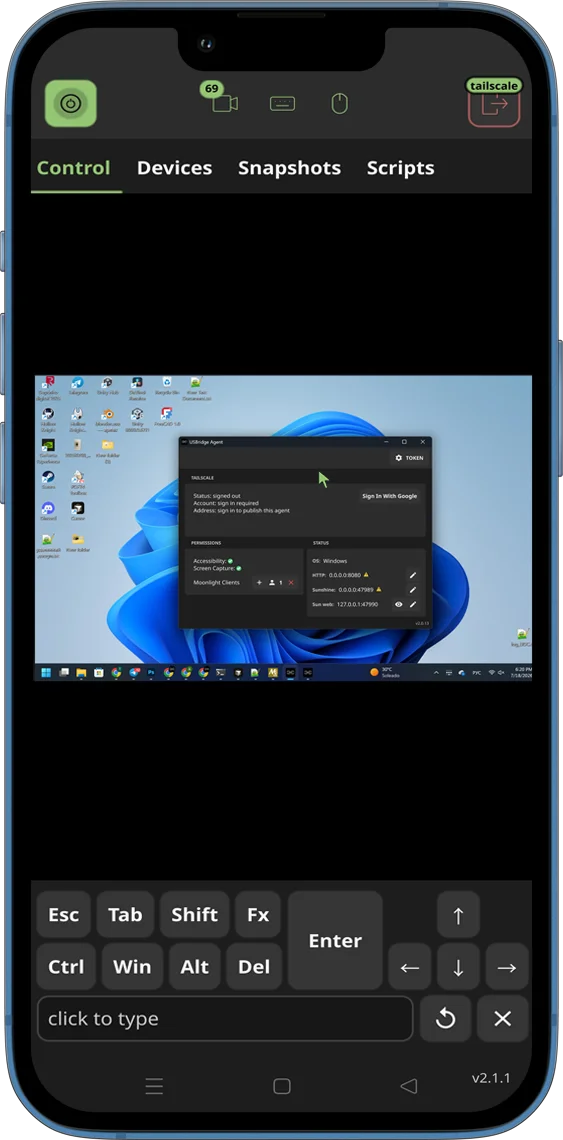 Mobile web app client dashboard interface showing Control Screen