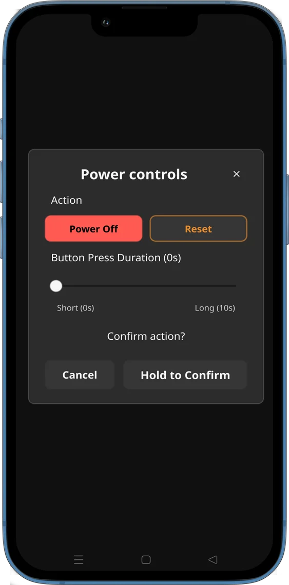 Mobile web app KVM interface showing Power Control