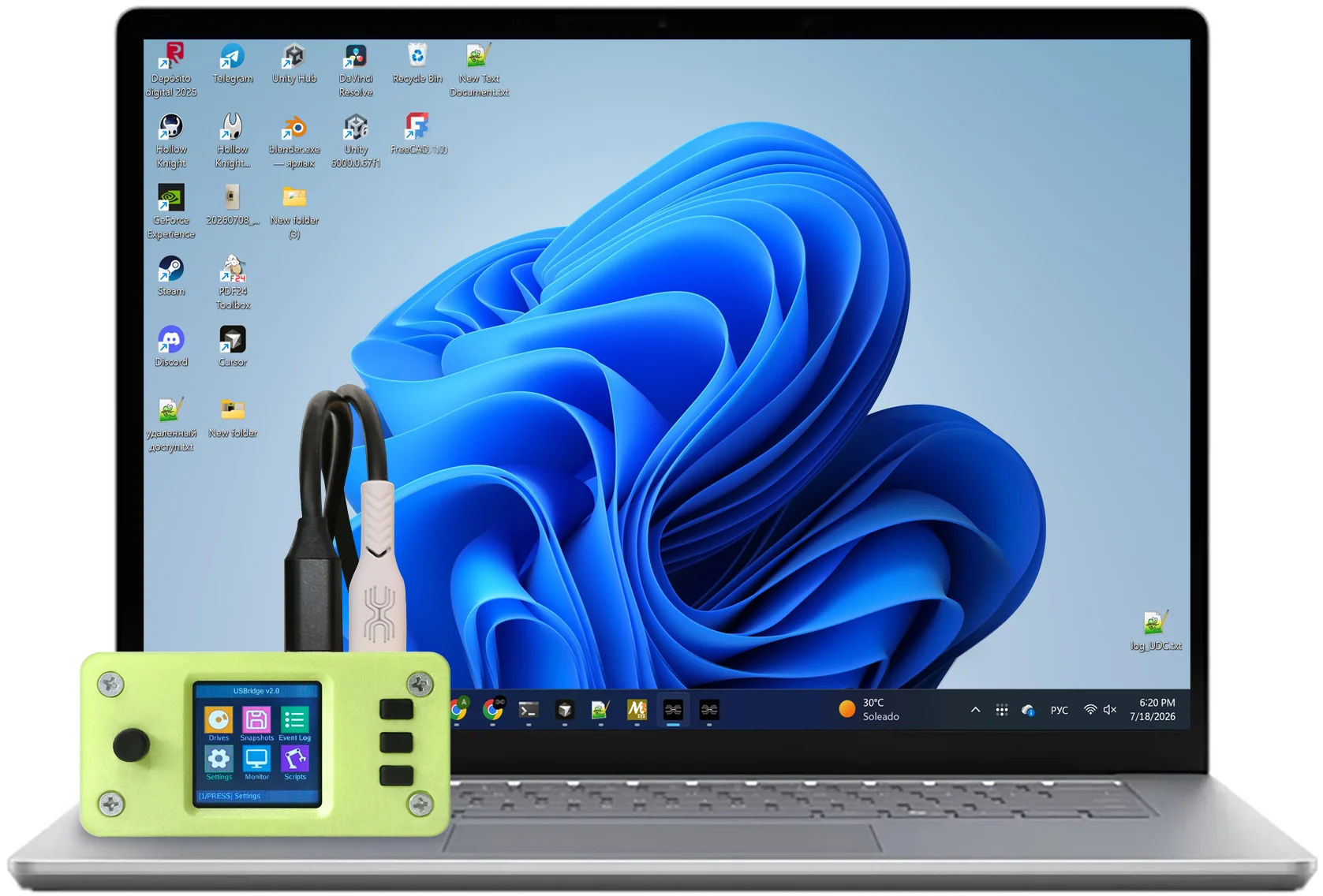 USBridge-KVM 2.0 hardware interface showing bare-metal BIOS level control on laptop screen