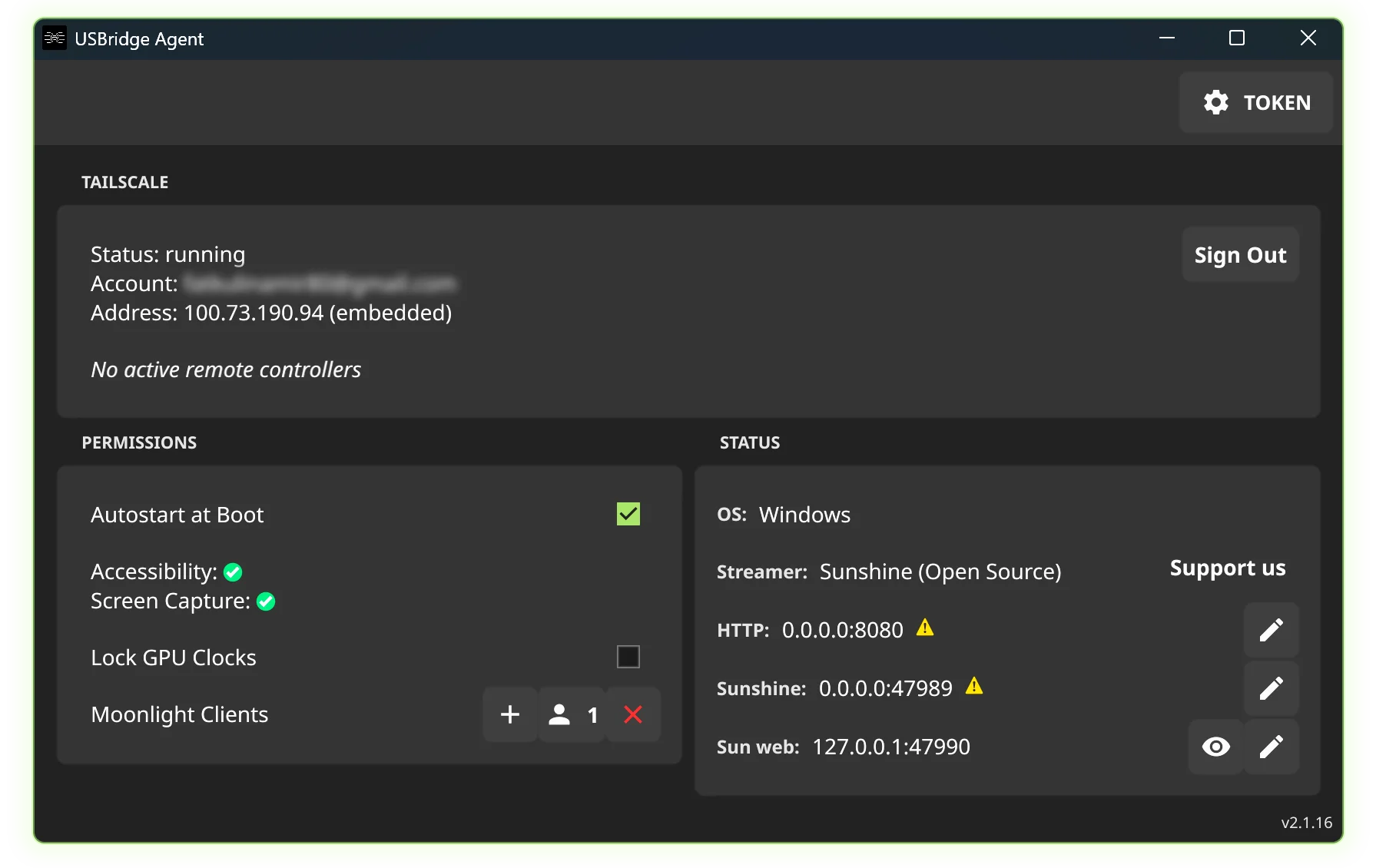 USBridge Remote Agent service console showing secure connection token generation