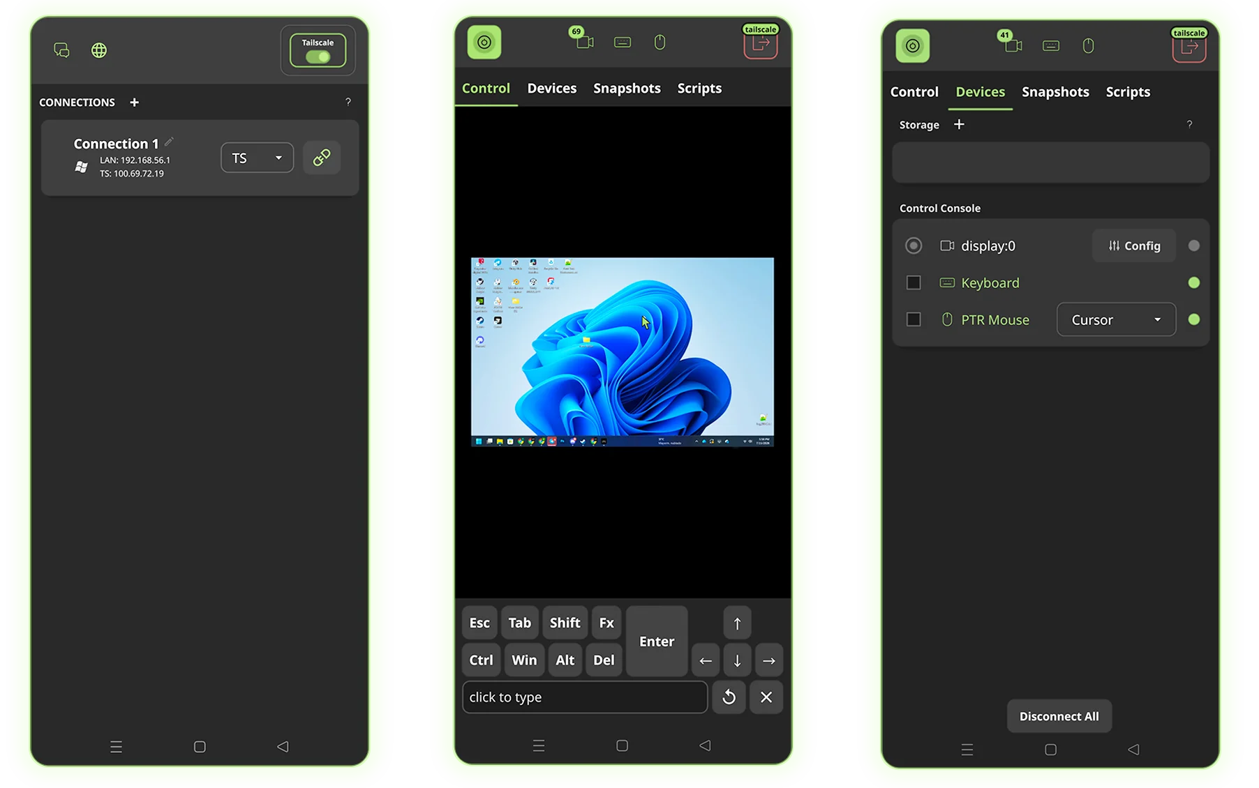 USBridge Remote Client control interface mockup showing server grid connections