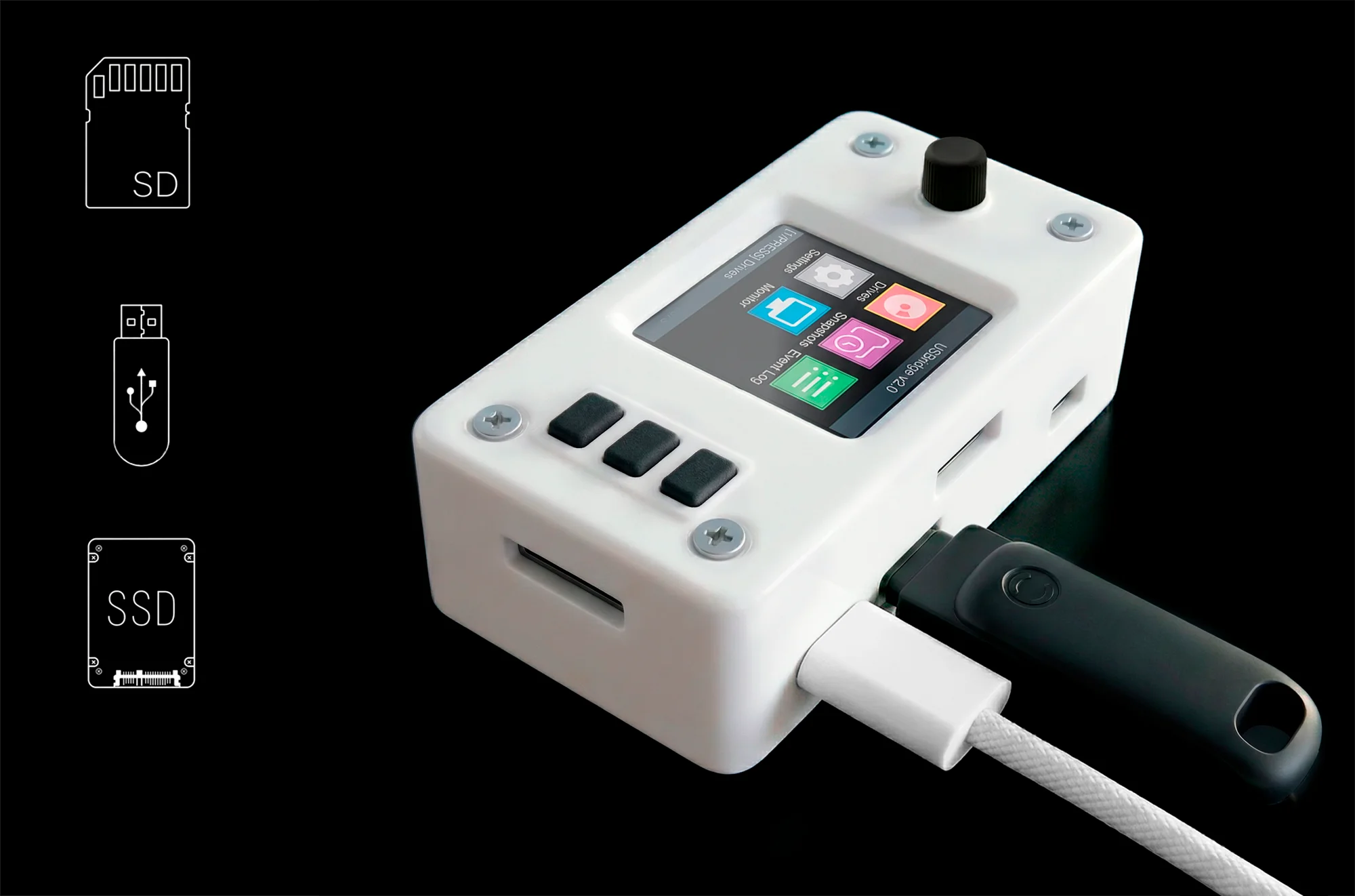 USBridge hardware appliance displaying immutable Btrfs data snapshot interface for connected SSD, SD card, and USB storage drives