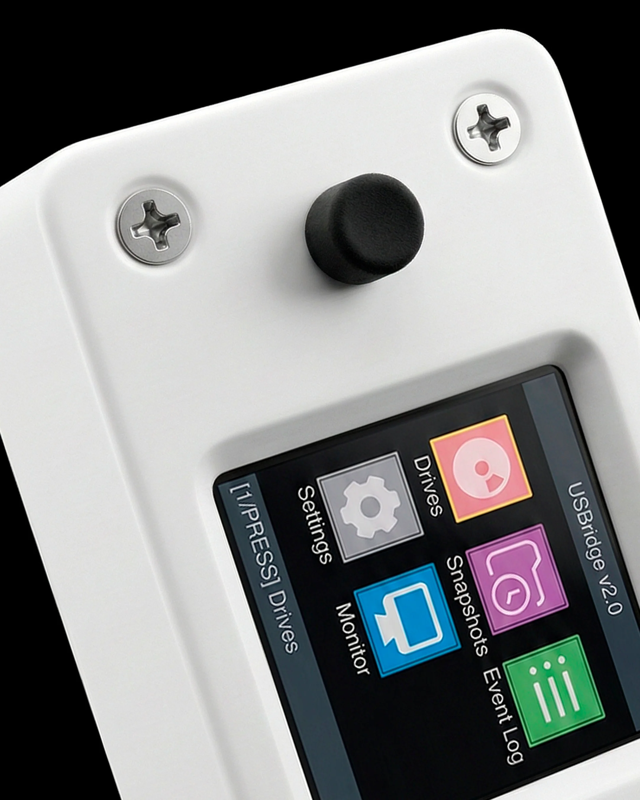 USBridge hardware KVM front panel with built-in LCD display and rotary encoder for on-site out-of-band diagnostics